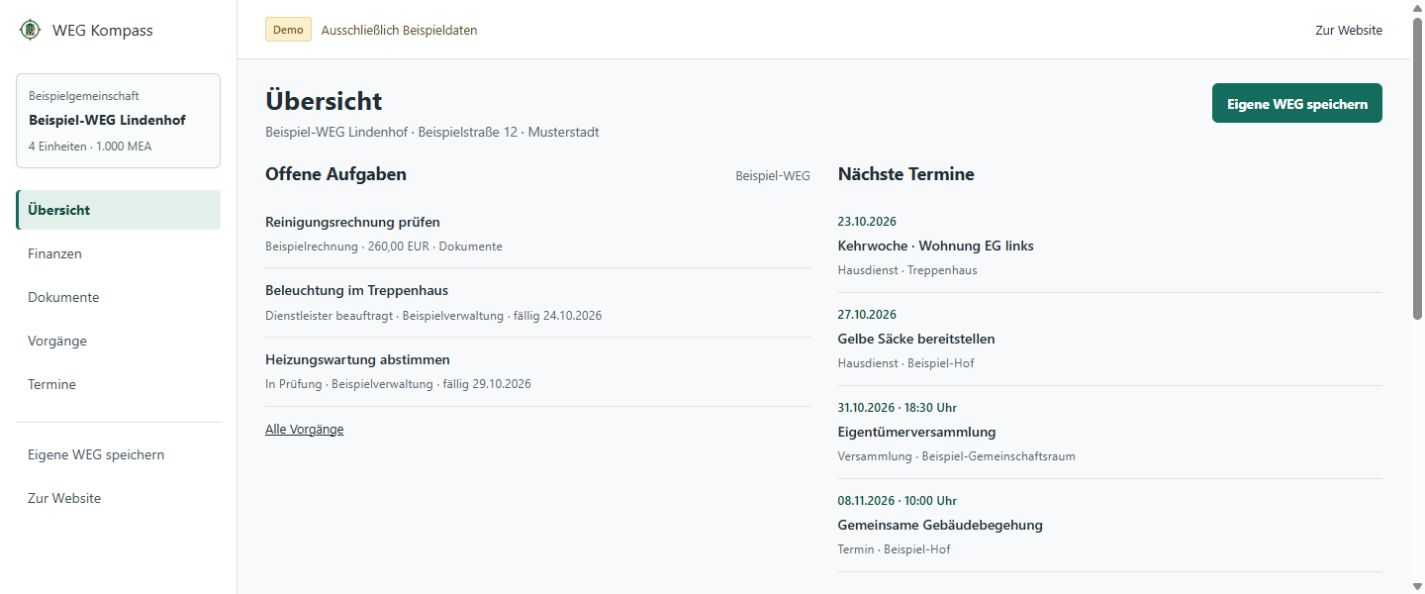 Übersicht der Beispiel-WEG mit offenen Aufgaben und nächsten Terminen