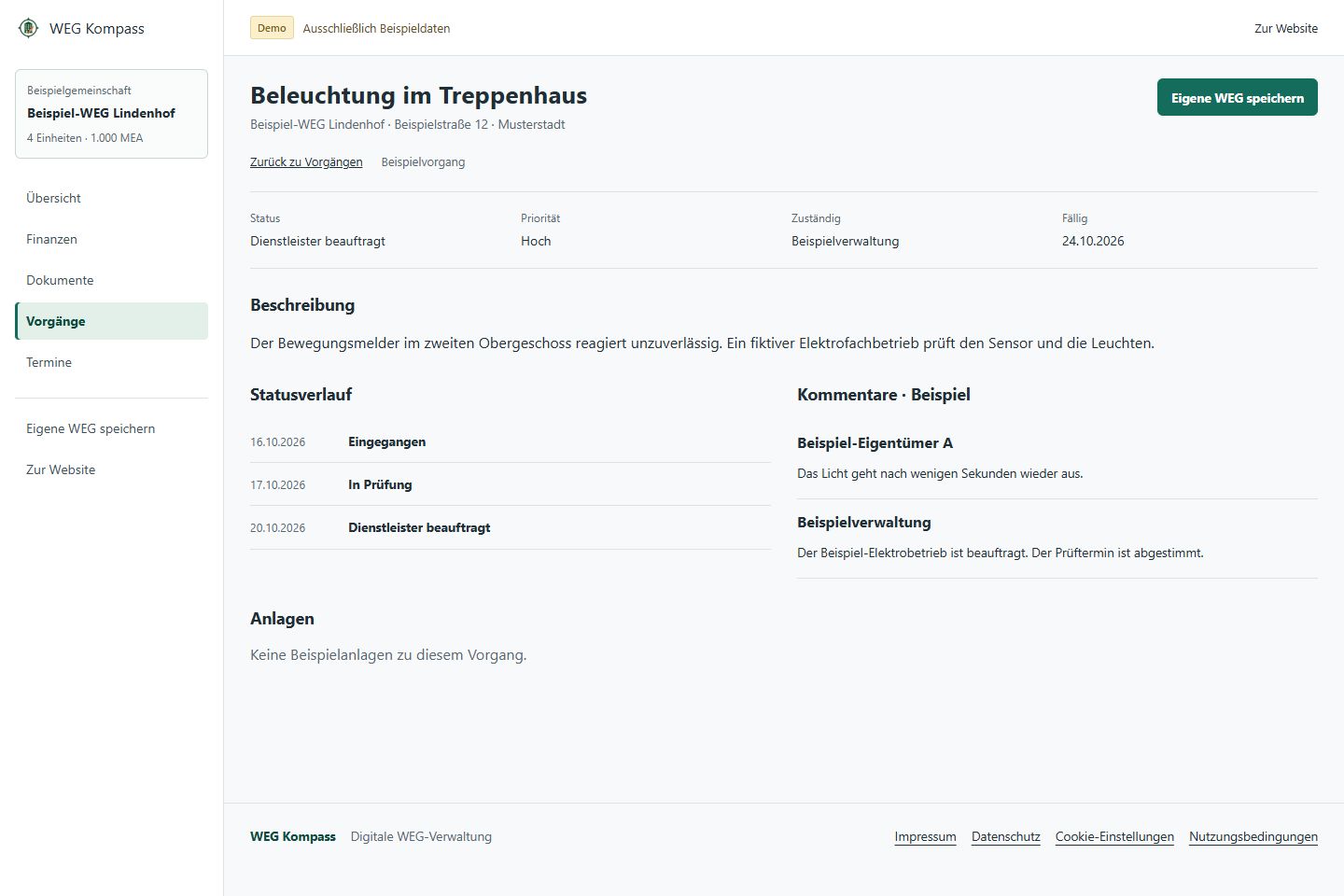 Reparaturvorgang mit Zuständigkeit, Statusverlauf und Kommentaren